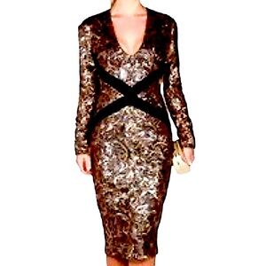 Just Cavali by Roberto Cavali  Gold/Black Sequin Plunge Dress